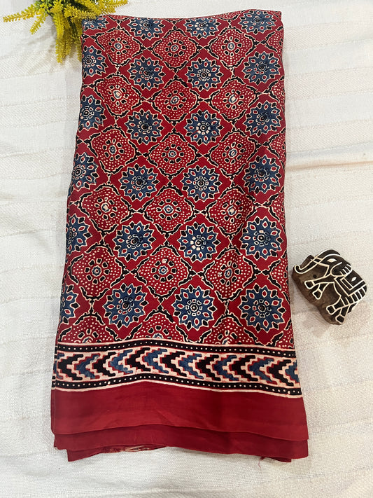 Ajrakh Modal Silk Saree - Classic Red
