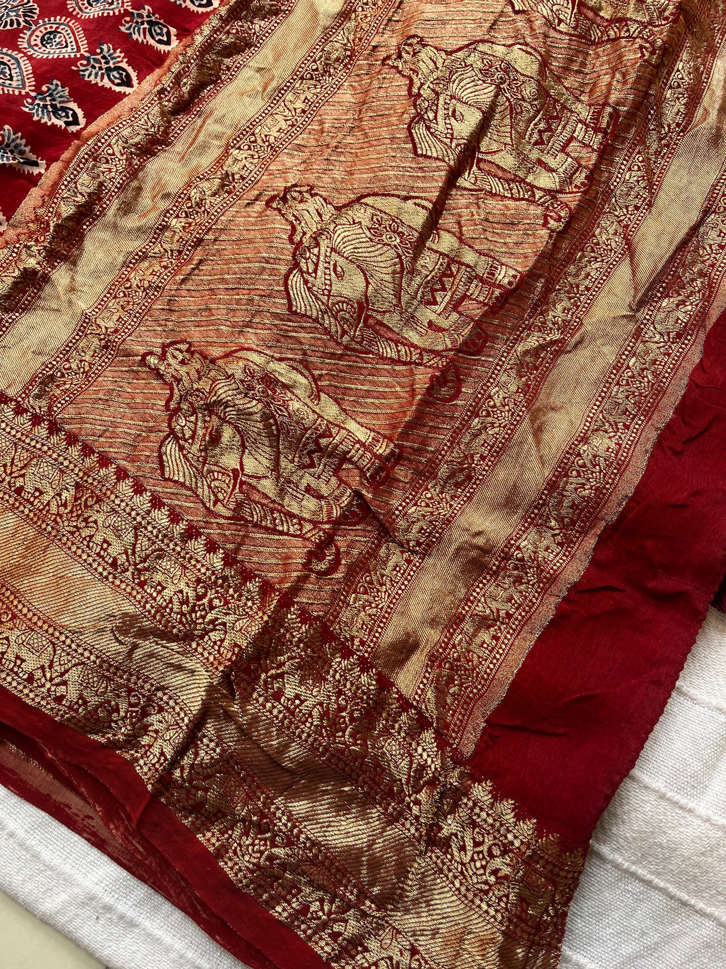 Classic Ajrakh Dola Silk Saree - Red (with tassels)