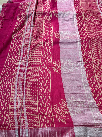 Bagru Handblock Linen Cotton Saree- Pink