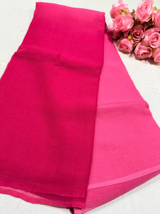 Pure Plain Ombre Chiffon Saree - Hot Pink