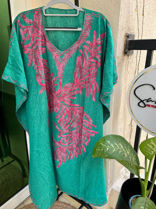 Crush Cotton Aariwork Kaftan - Green