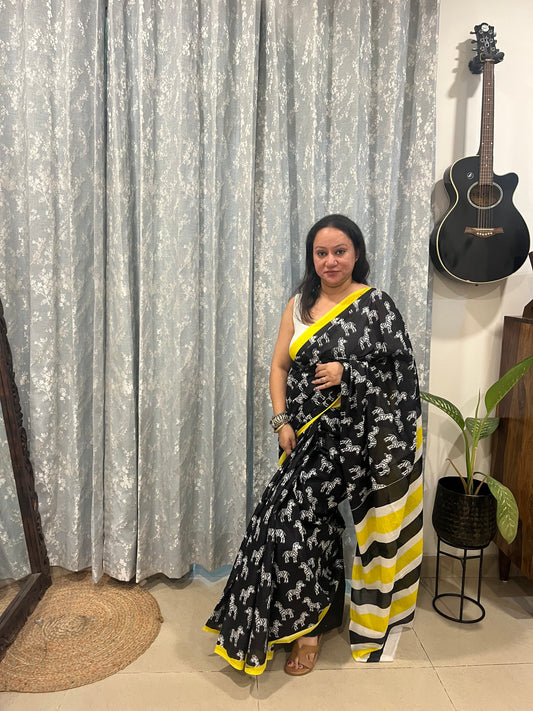 Black Zebra Print Quirky Mul Cotton Saree