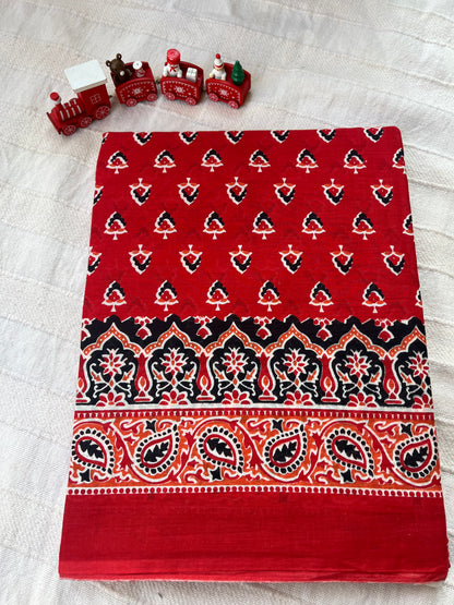 Ajrakh Printed Mul Cotton Saree - Red