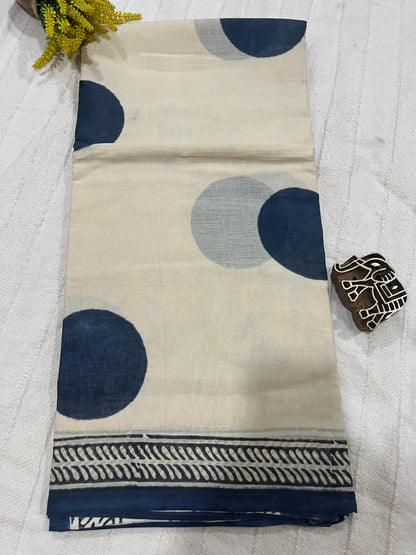 ‘Bindi Tales’ Handblock Mul Cotton Saree - Grey on Off-white