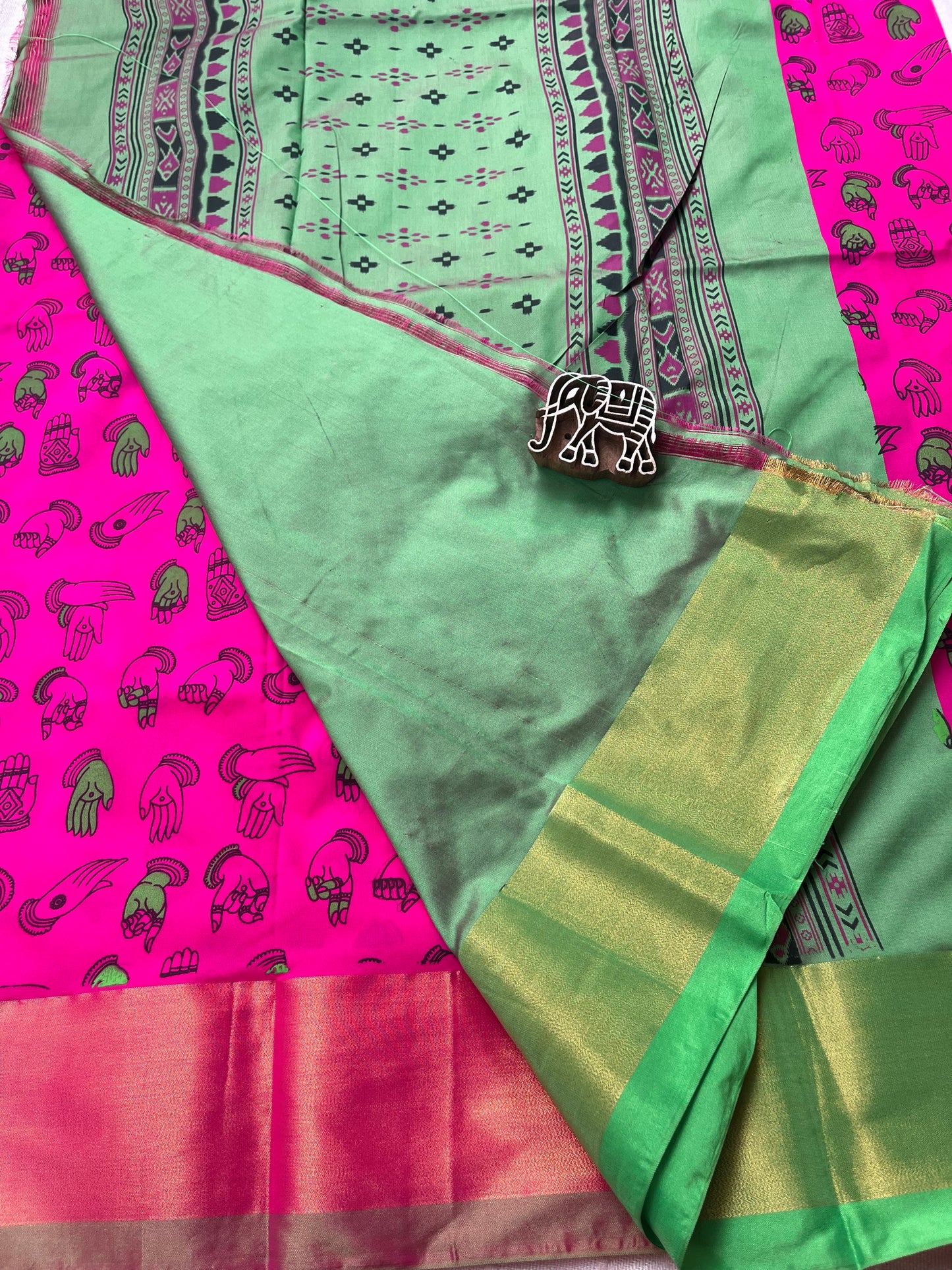 Kamalkari Printed Nelluri Silk Saree - Neon Pink