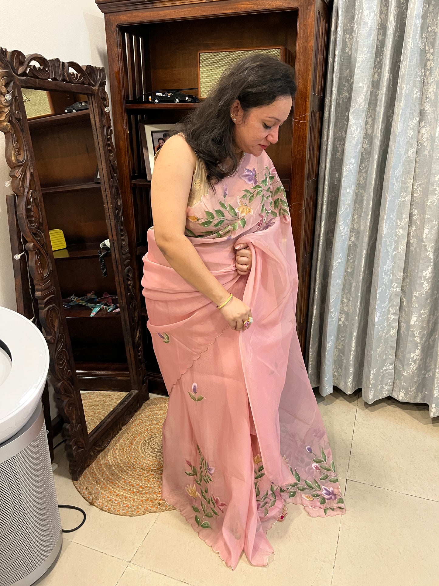 Crepe Organza Handpainted Saree with Embroidery- Baby Pink