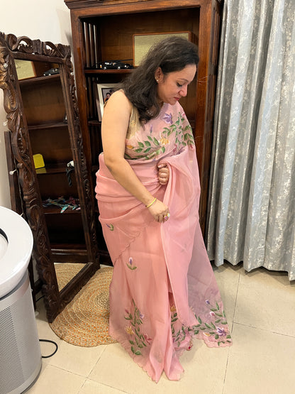 Crepe Organza Handpainted Saree with Embroidery- Baby Pink