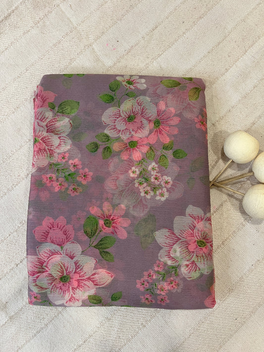 Semi Chiffon Floral Saree - Lilac