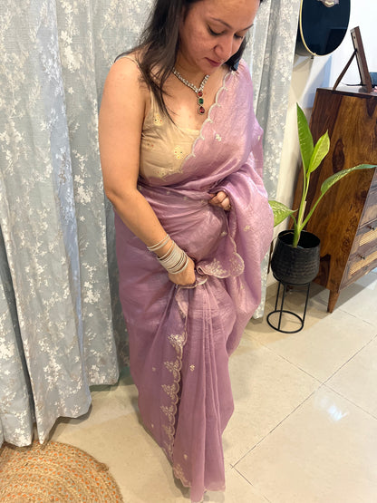 Pitta Work Crepe Tissue Saree - Lavender