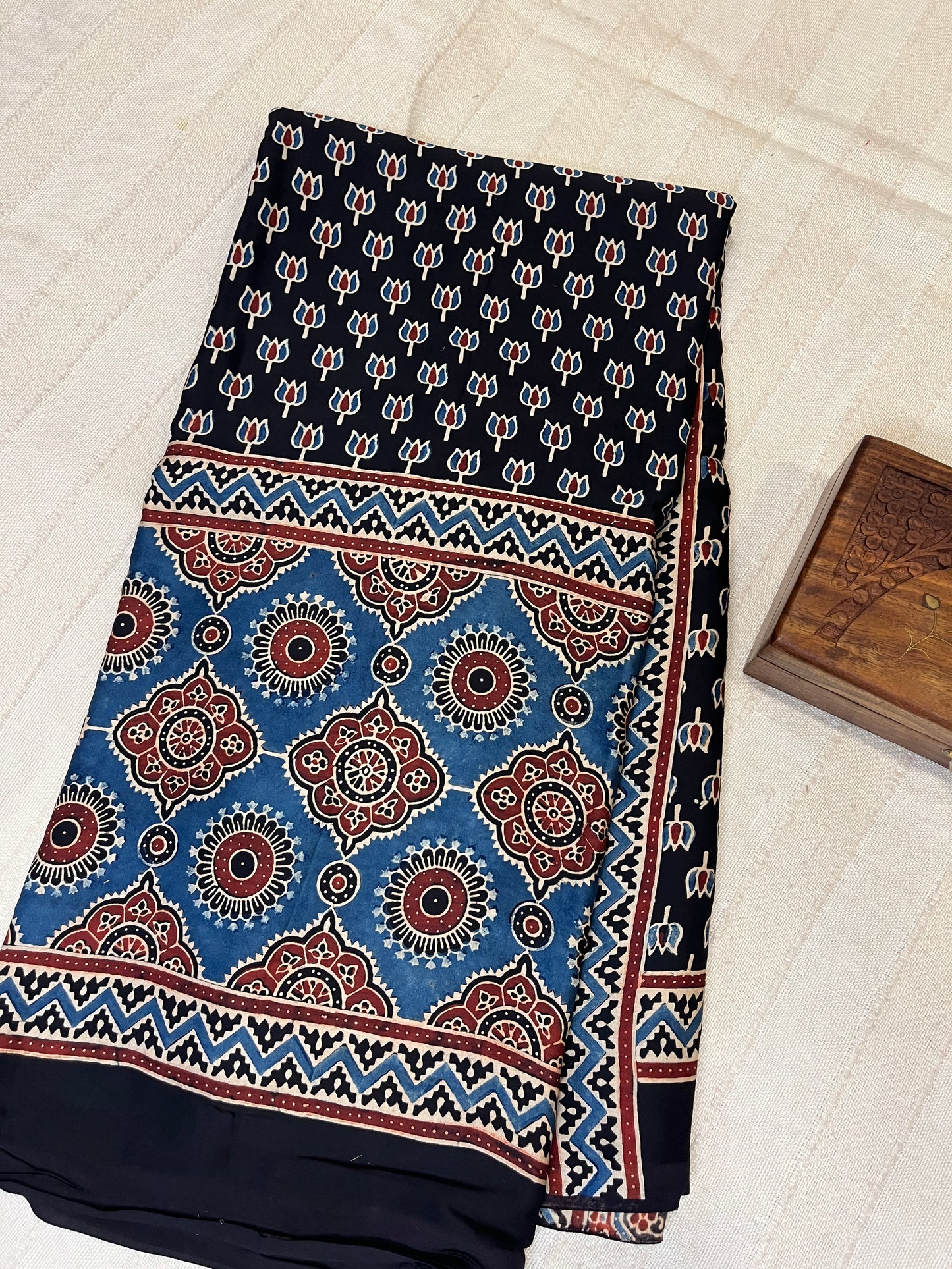 Ajrakh Modal Silk Saree - Black Lotus Motifs