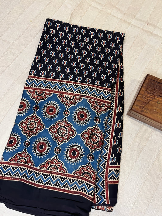 Ajrakh Modal Silk Saree - Black Lotus Motifs