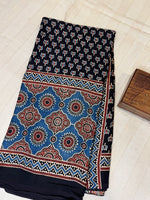 Ajrakh Modal Silk Saree - Black Lotus Motifs