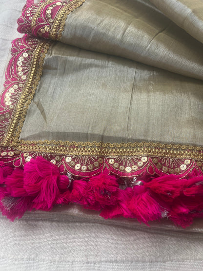 Raga Tissue Saree with Lace and Tassels - Silver & Pink