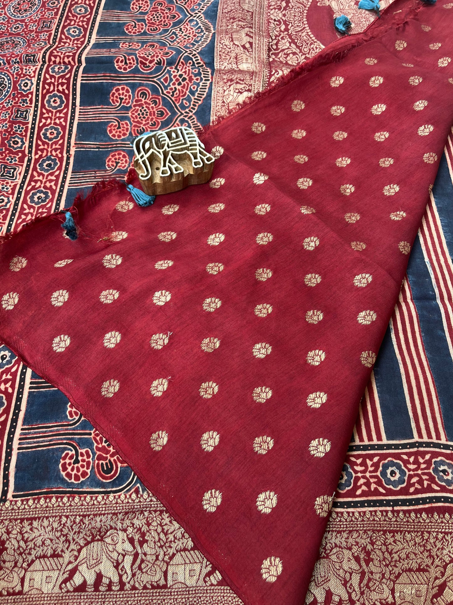 Ajrakh Dola Silk Saree - Contemporary Deep Red Stripes (with tassels)