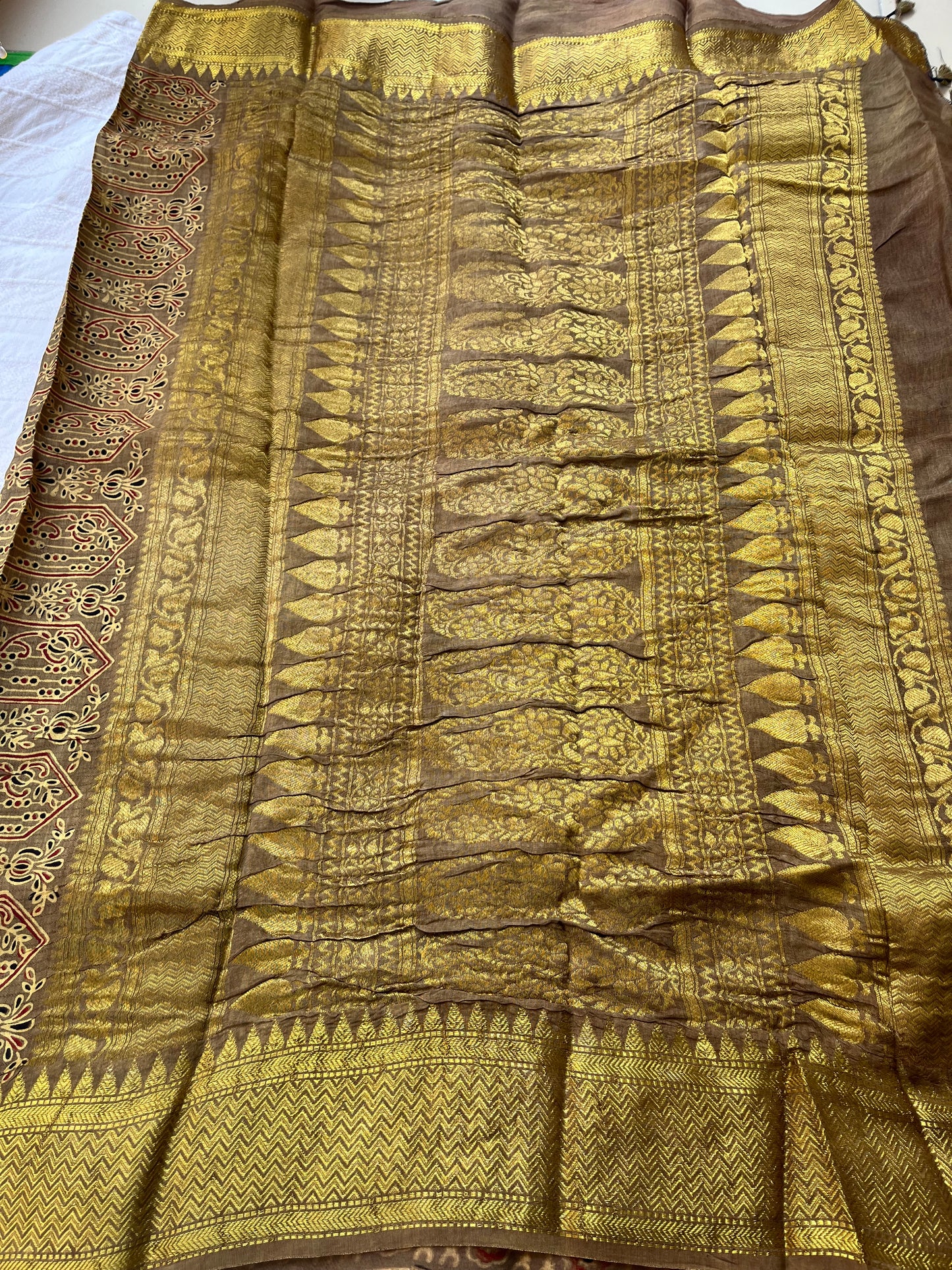 Ajrakh Dola Silk Saree - Mustard Gold (with tassels)