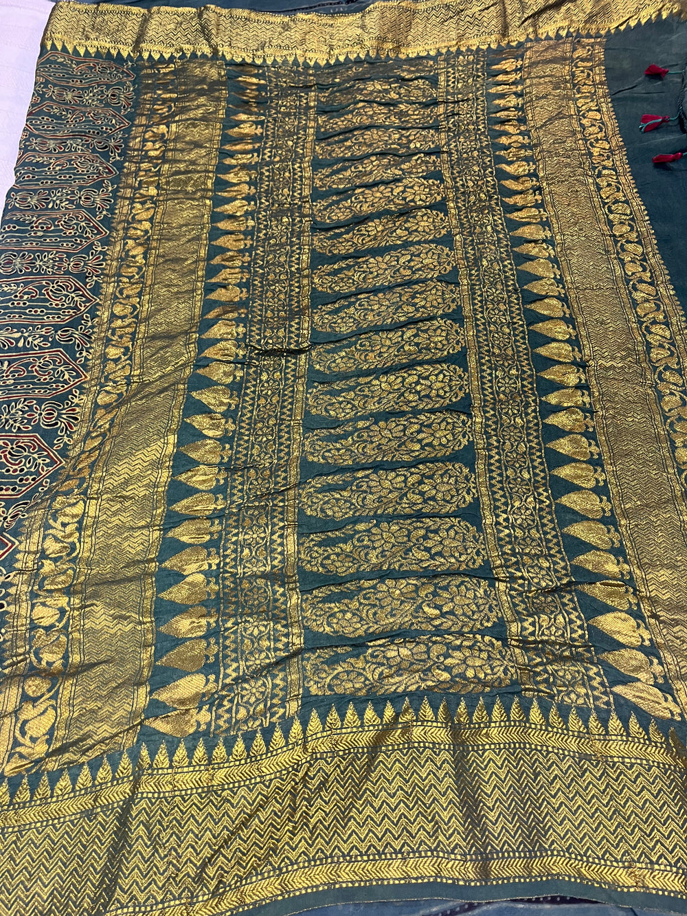 Ajrakh Dola Silk Saree - Green (with tassels)