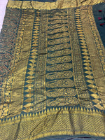 Ajrakh Dola Silk Saree - Green (with tassels)