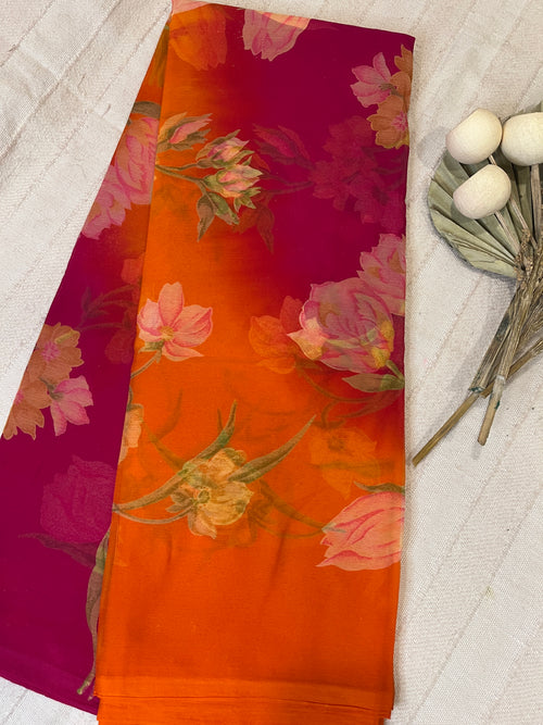 Semi Chiffon Floral Saree Dual Tone - Pink-Orange