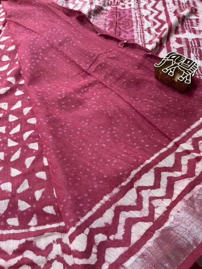 Handblock Linen Cotton Saree - Beatroot Pink