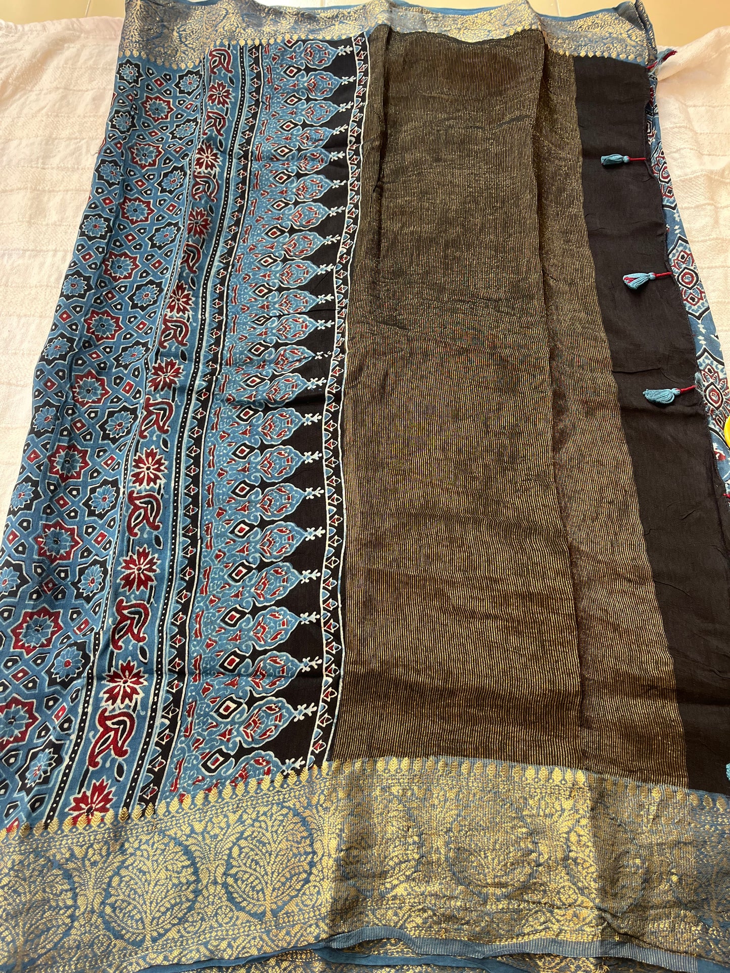 Indigo Ajrakh Dola Silk Saree - Badam Block (with tassels)