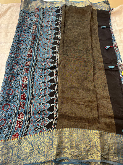 Indigo Ajrakh Dola Silk Saree - Badam Block (with tassels)