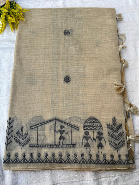 Chanderi Cotton Jamdani Saree - Beige Tribal Art