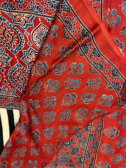 Contemporary Ajrakh Modal Silk Saree - Red & Black