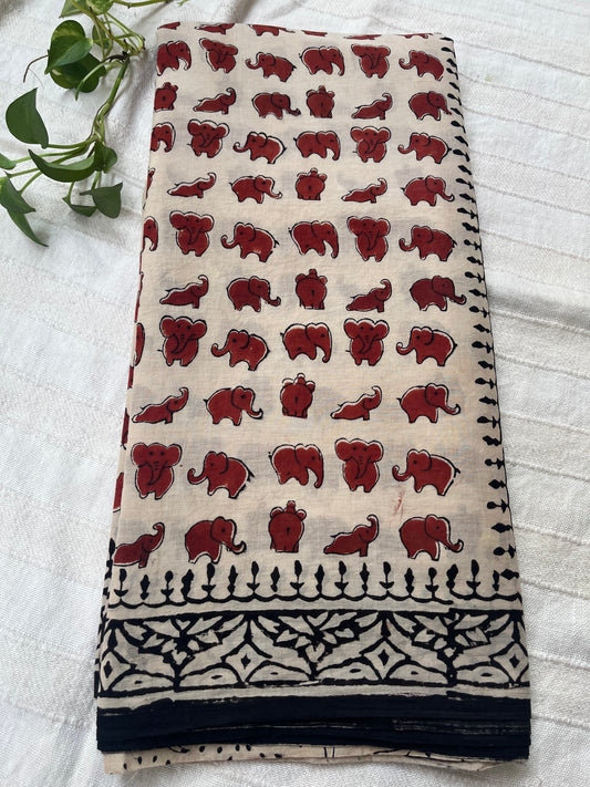Quirky Elephant Handblock Mul Cotton Saree - Beige-Red