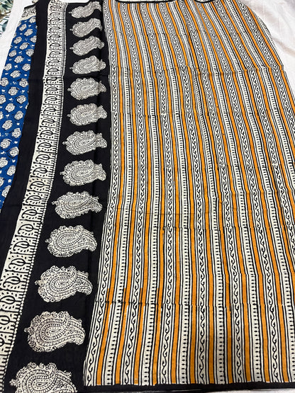 Lion Handblock Mul Cotton Saree - Blue