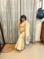 Chanderi Cotton Jamdani Saree - Ivory-Sky Blue Flower Weaving
