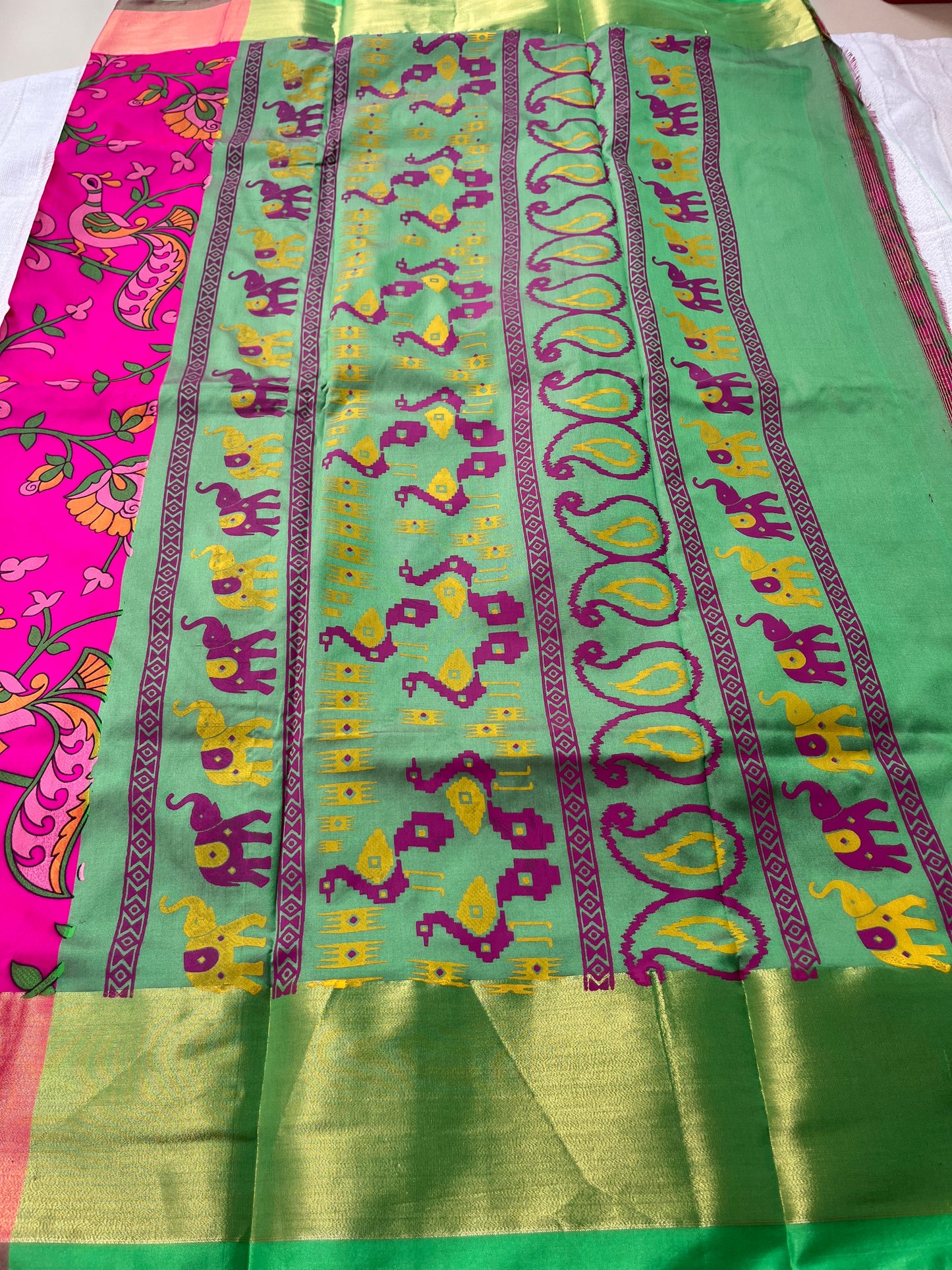 Kalamkari Printed Nelluri Silk Saree - Hot Pink