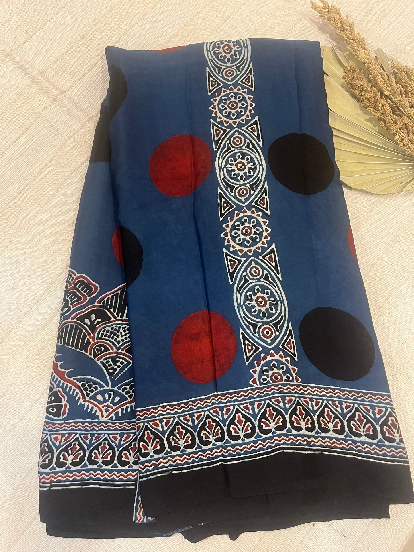 Contemporary Ajrakh Modal Silk Saree- Indigo with Polka Dots