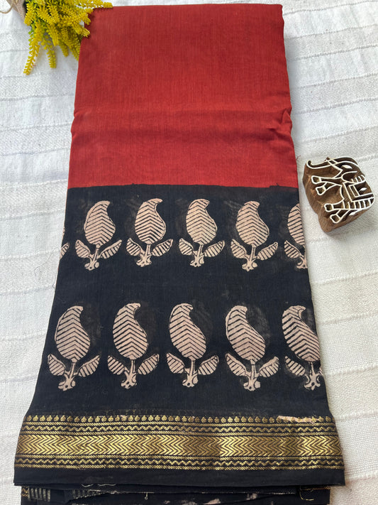 Handblock Maheshwari Cotton Silk Saree - Brick Red