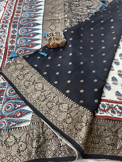 Ajrakh Dola Silk Saree - Pearl White Buttis (with tassels)