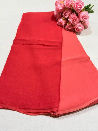 Pure Plain Ombre Chiffon Saree - Red-Peach
