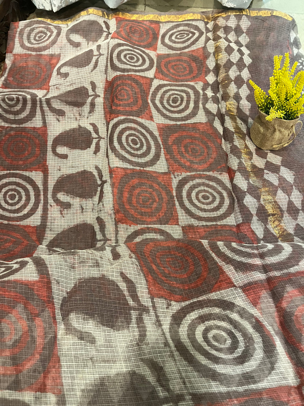 Handblock Kota Doria Saree - Dabu Print