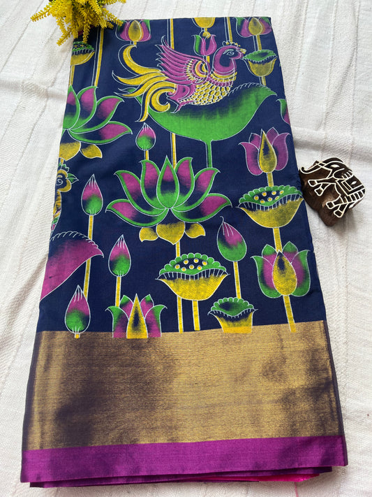 Kalamkari Printed Nelluri Silk Saree - Navy Blue