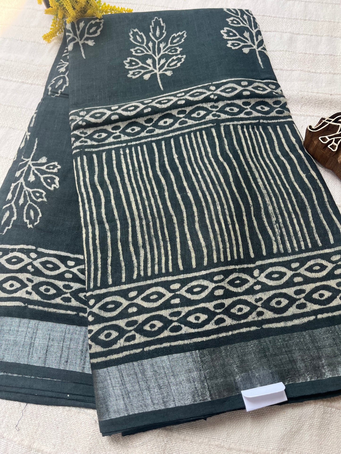 Handblock Linen Cotton Saree - Military Green