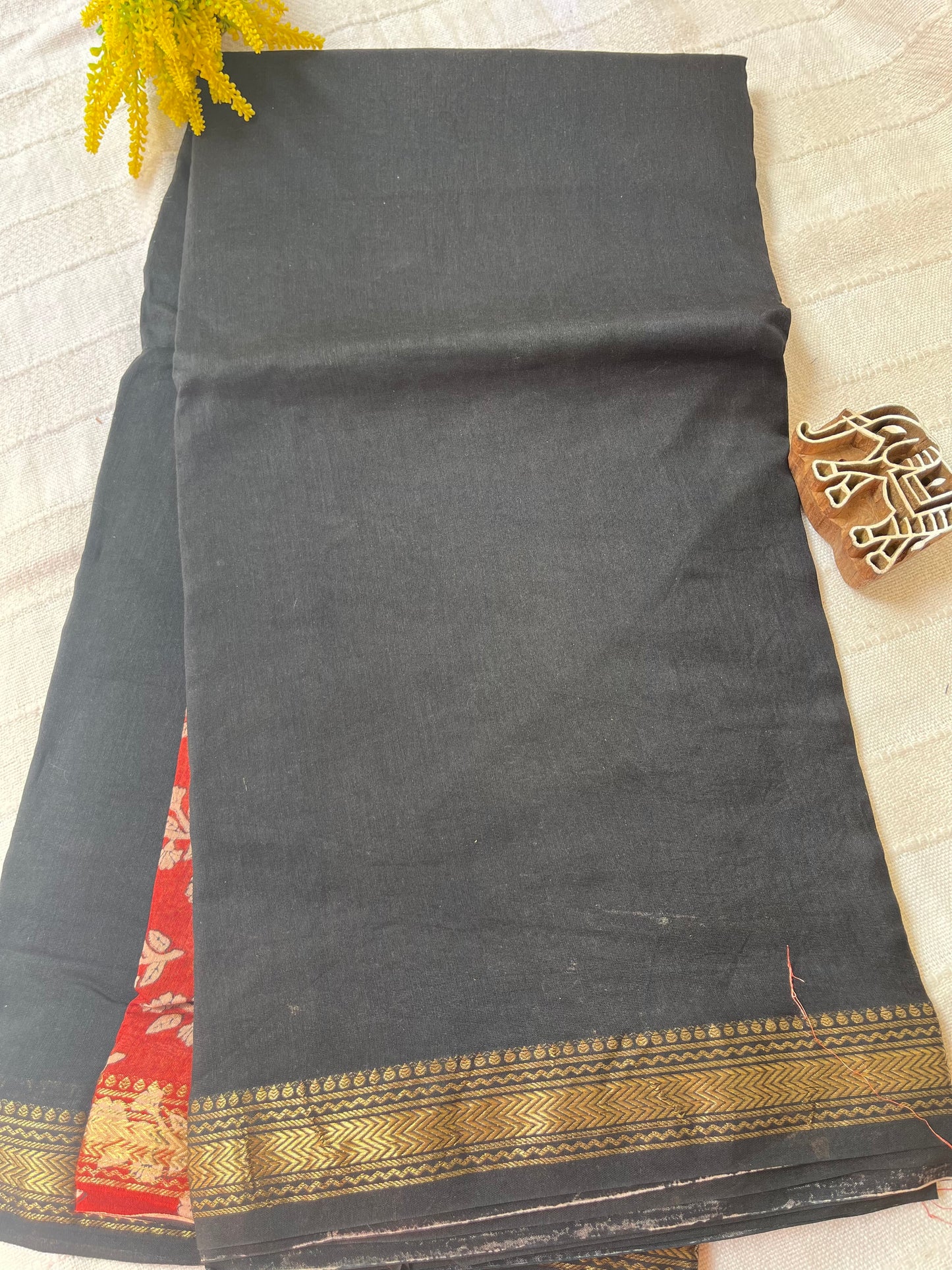 Handblock Maheshwari Cotton Silk Saree - Black