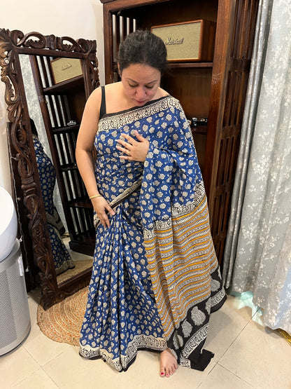 Lion Handblock Mul Cotton Saree - Blue