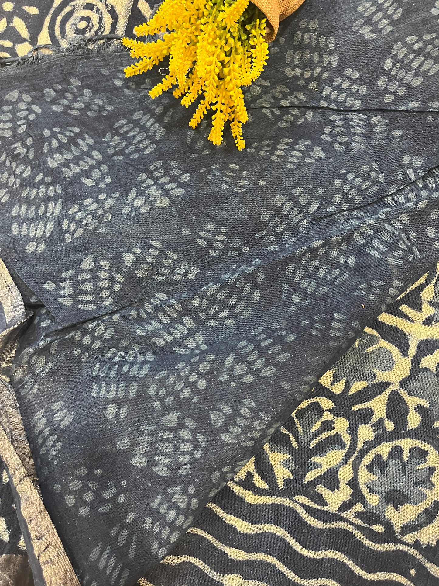Indigo Handblock Linen Cotton Saree