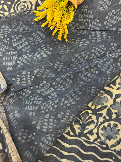 Indigo Handblock Linen Cotton Saree