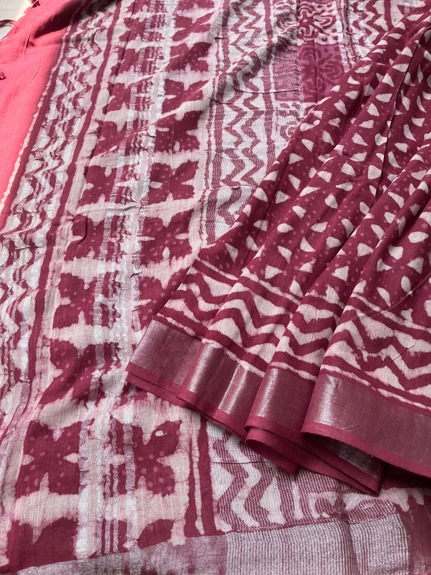 Handblock Linen Cotton Saree - Beatroot Pink