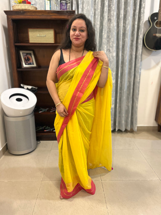 Zari Mul Cotton Saree - Yellow with Pink Border (No Blouse piece)