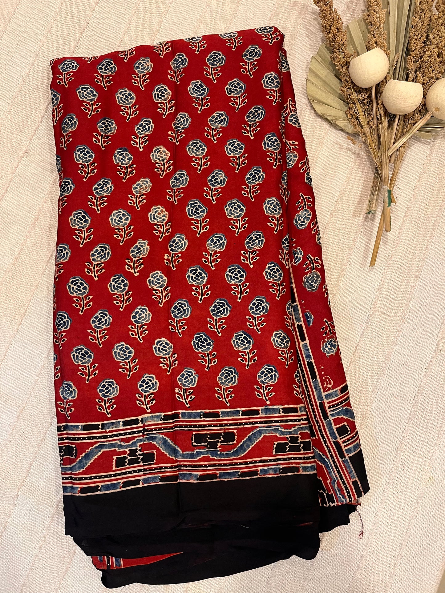 Ajrakh Modal Silk Saree - Red Rose Buttis