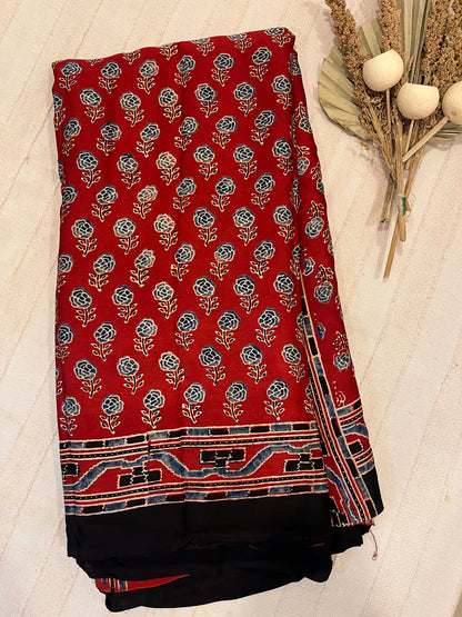 Ajrakh Modal Silk Saree - Red Rose Buttis