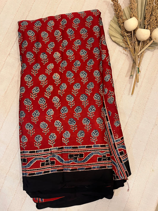 Ajrakh Modal Silk Saree - Red Rose Buttis