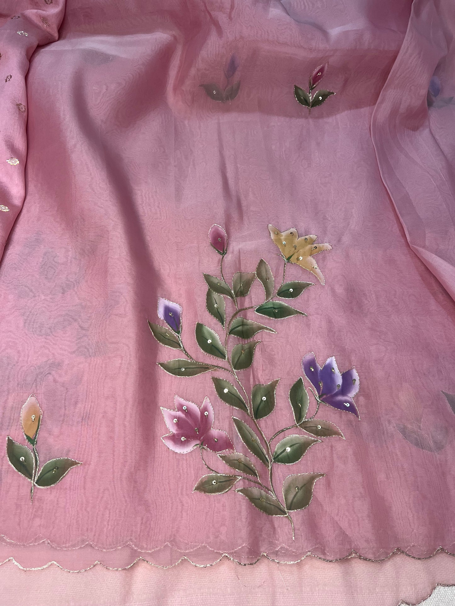 Crepe Organza Handpainted Saree with Embroidery- Baby Pink