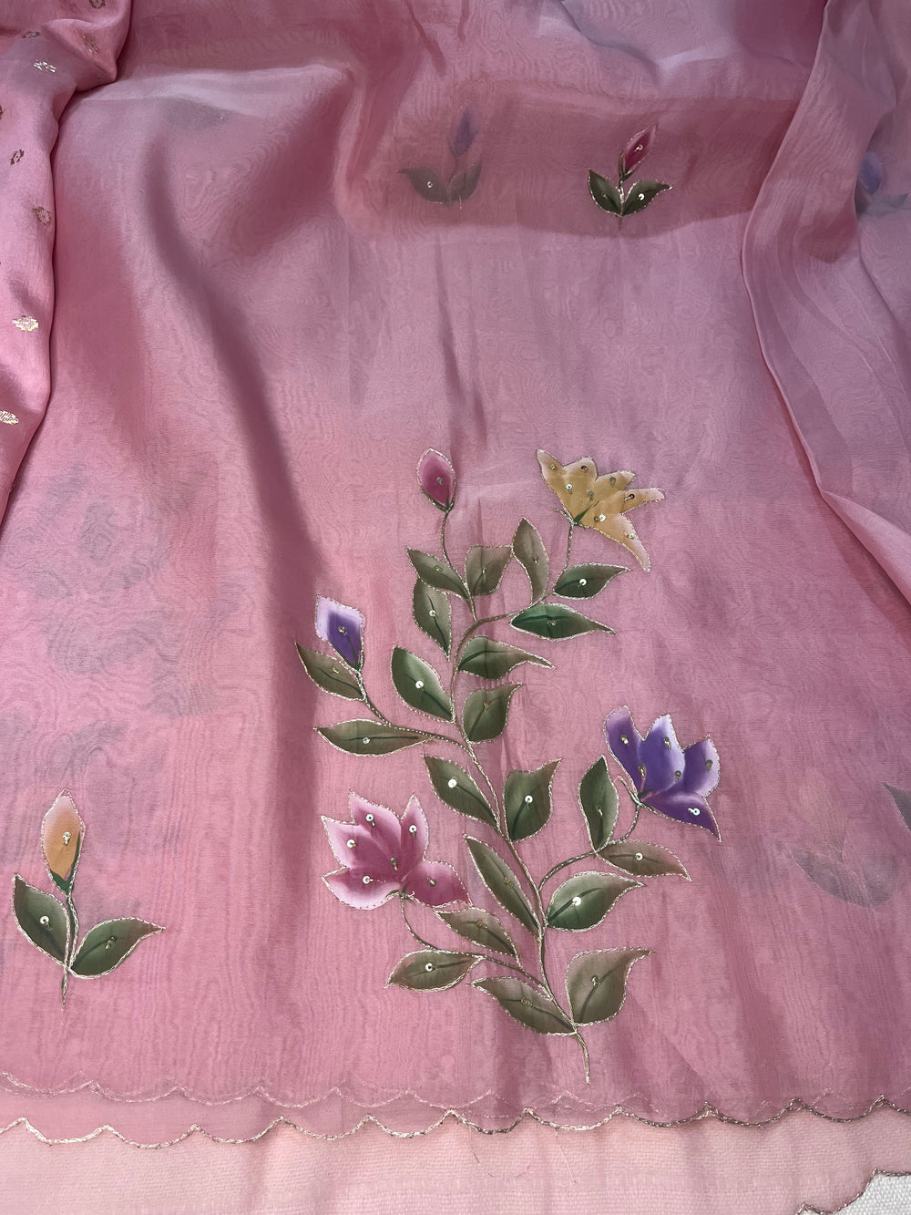 Crepe Organza Handpainted Saree with Embroidery- Baby Pink