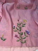 Crepe Organza Handpainted Saree with Embroidery- Baby Pink